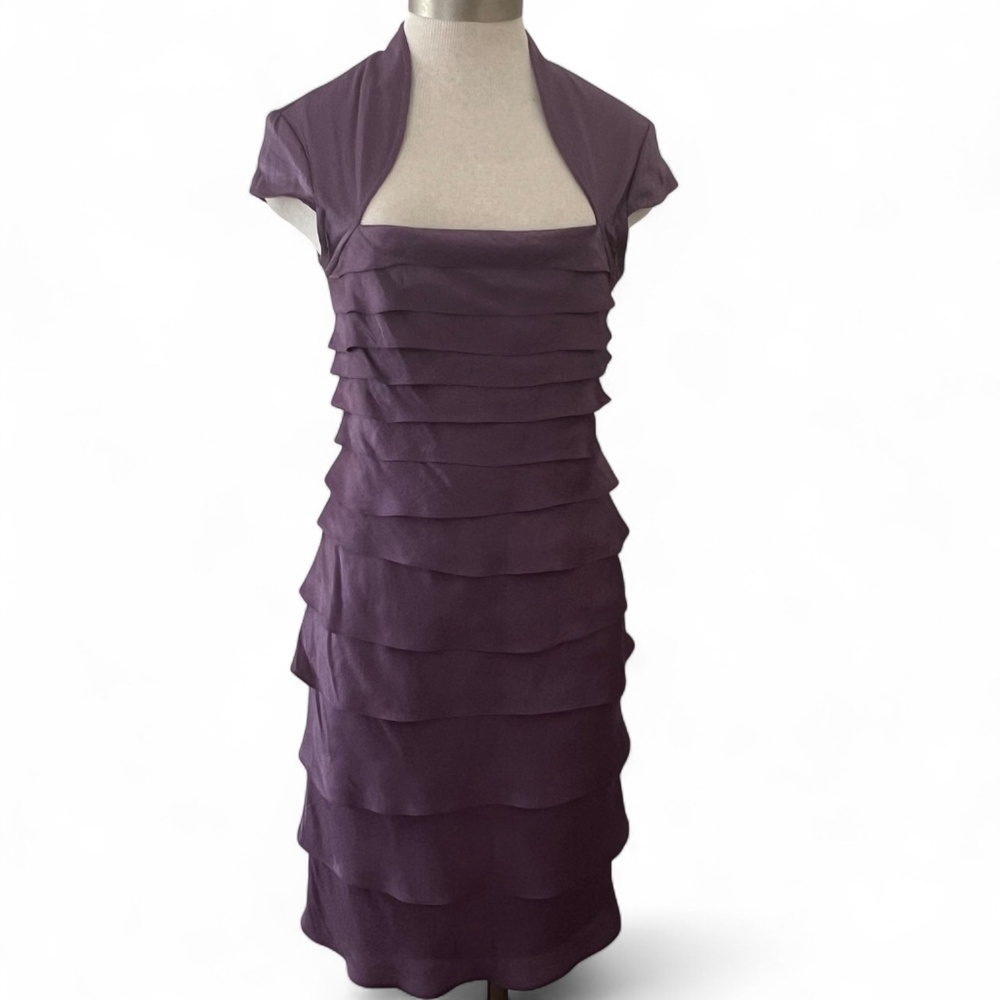 Adrianna Papell Dress Size 8 Purple Sheath Tiered Lined Cap Sleeves Party Formal